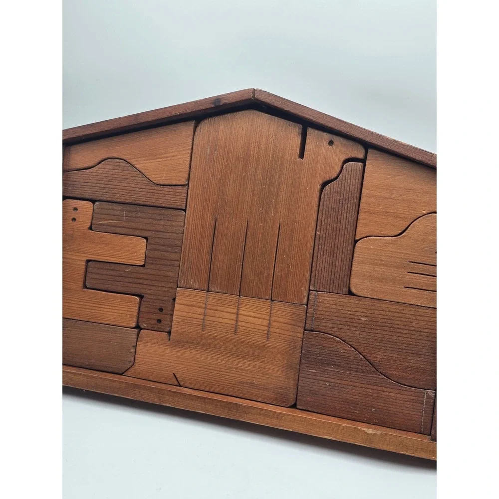 Vintage Wooden Animal Puzzle Nativity Set Brown Handcrafted Folk Art 12in